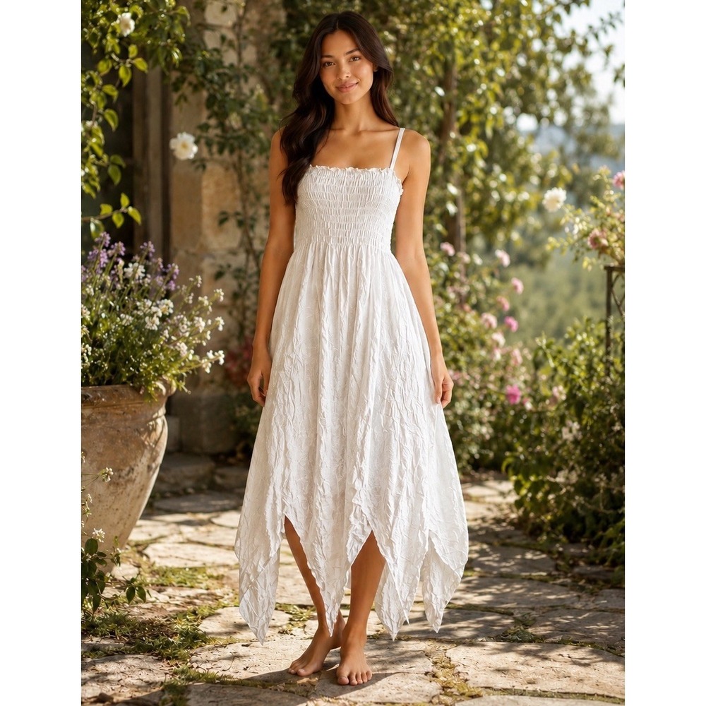 Peaceful People White Cottagecore Fairy Dress Sz M Crinkle Smocked Midi Bohemian
